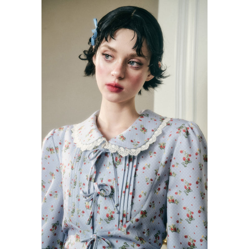 Sky Blue and Strawberry Patterned Blouse and Skirt