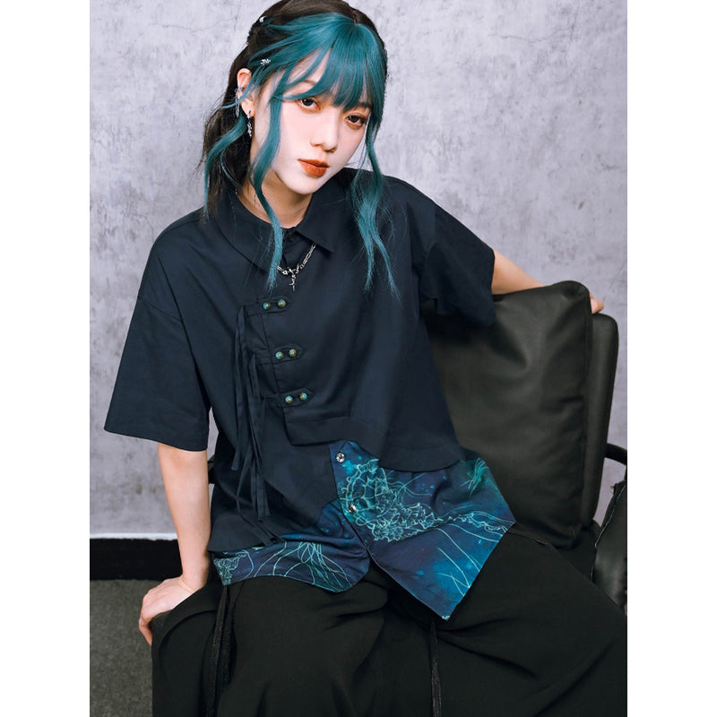 深藍の海月のアシンメトリーブラウス