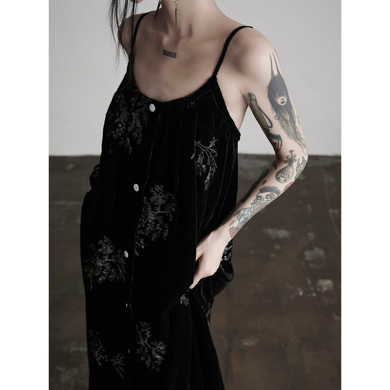 Black Velvet Embroidered Long Strap Dress