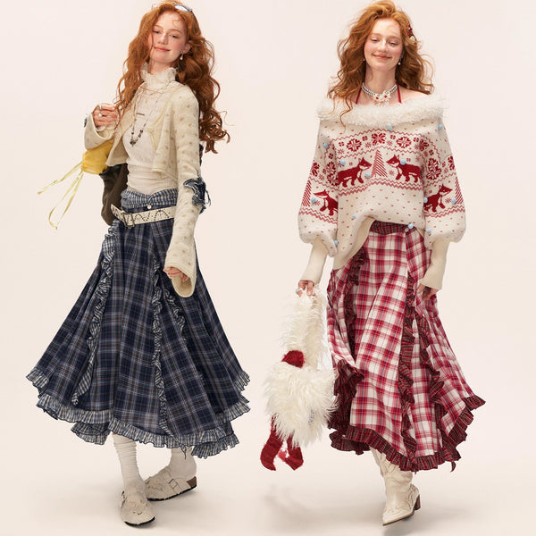 Asymmetrical Ruffled Checkered Skirt