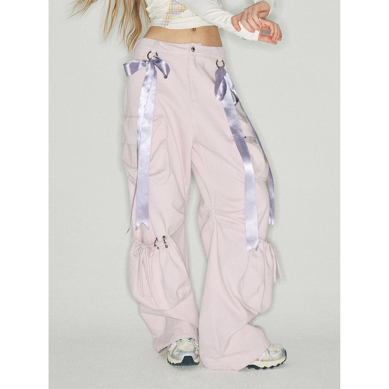 Pink Cargo Pants with Purple Ribbons