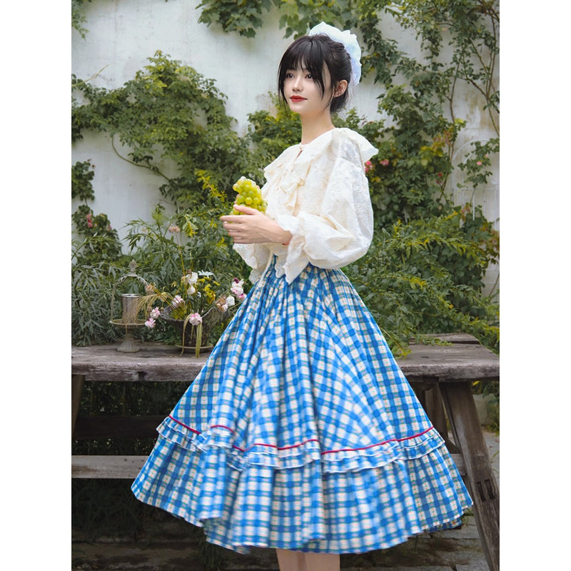 紺碧と花柄の格子柄レトロスカート
