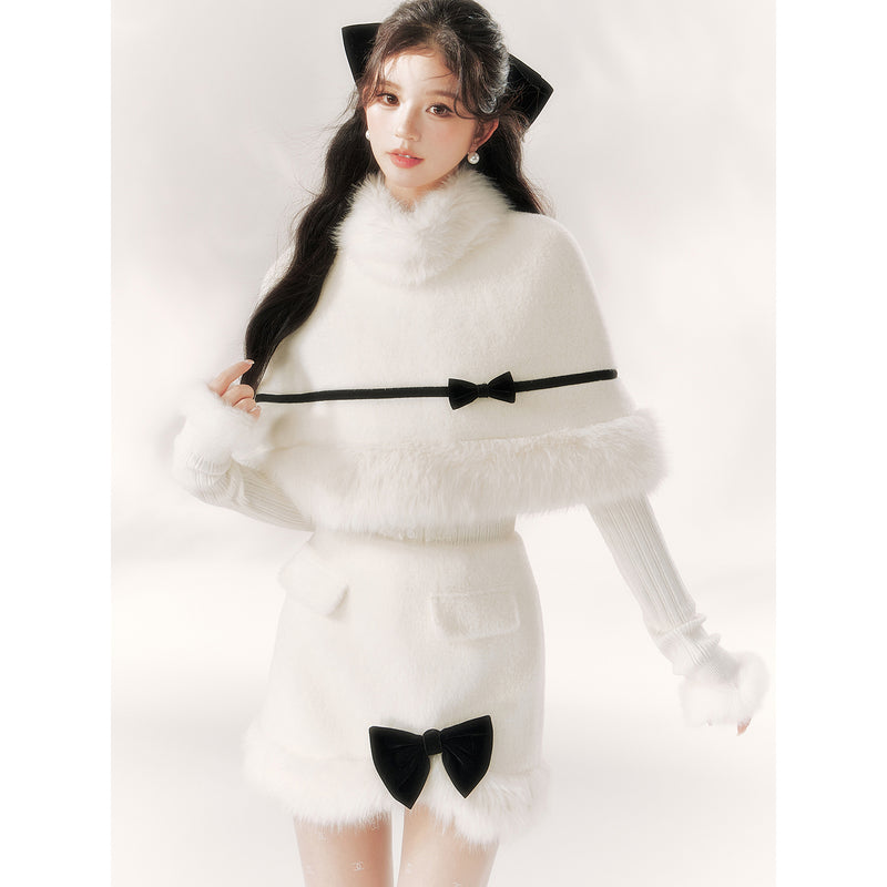 Pure White Ribbon Fur Cape and Skirt