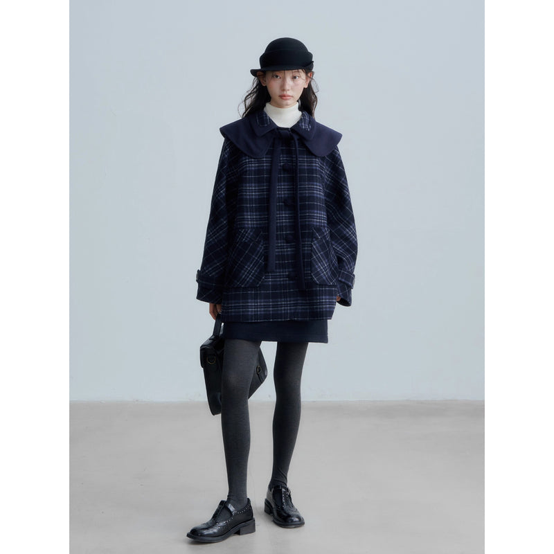Dark Navy Check Preppy Wool Coat