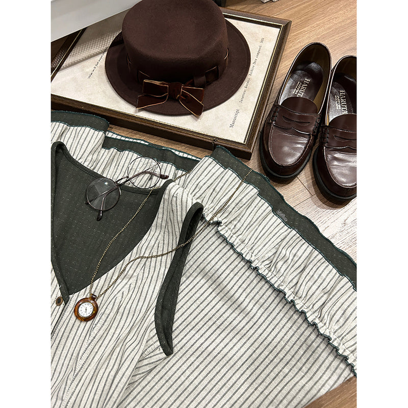 灰緑の縦縞クラシカルジャンパースカート - ロング丈[2025年12月下旬-2026年1月下旬発送予定]