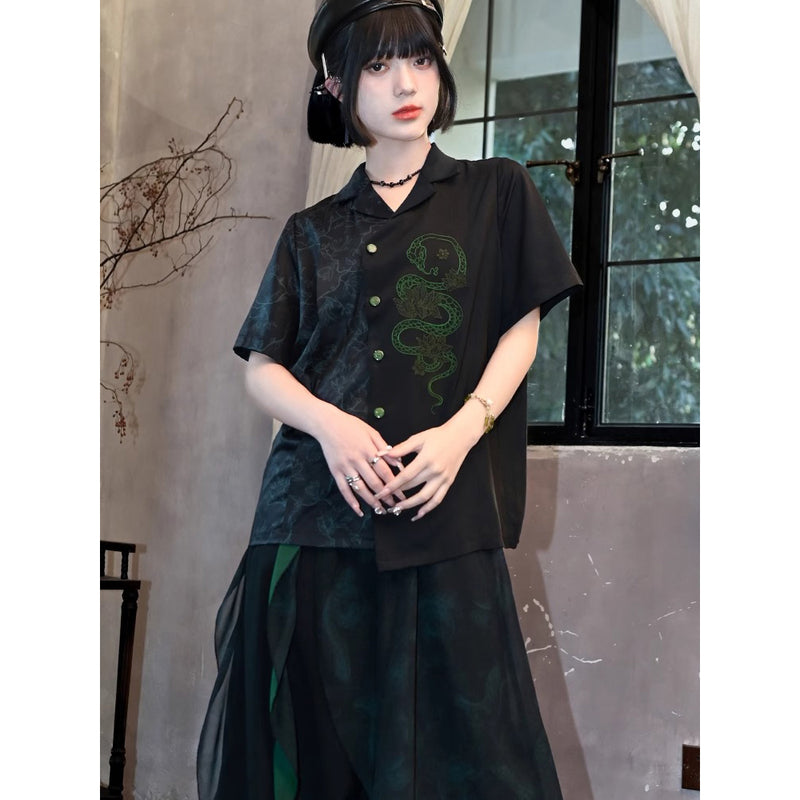 暗闇の蛇の刺繍アシンメトリーシャツ