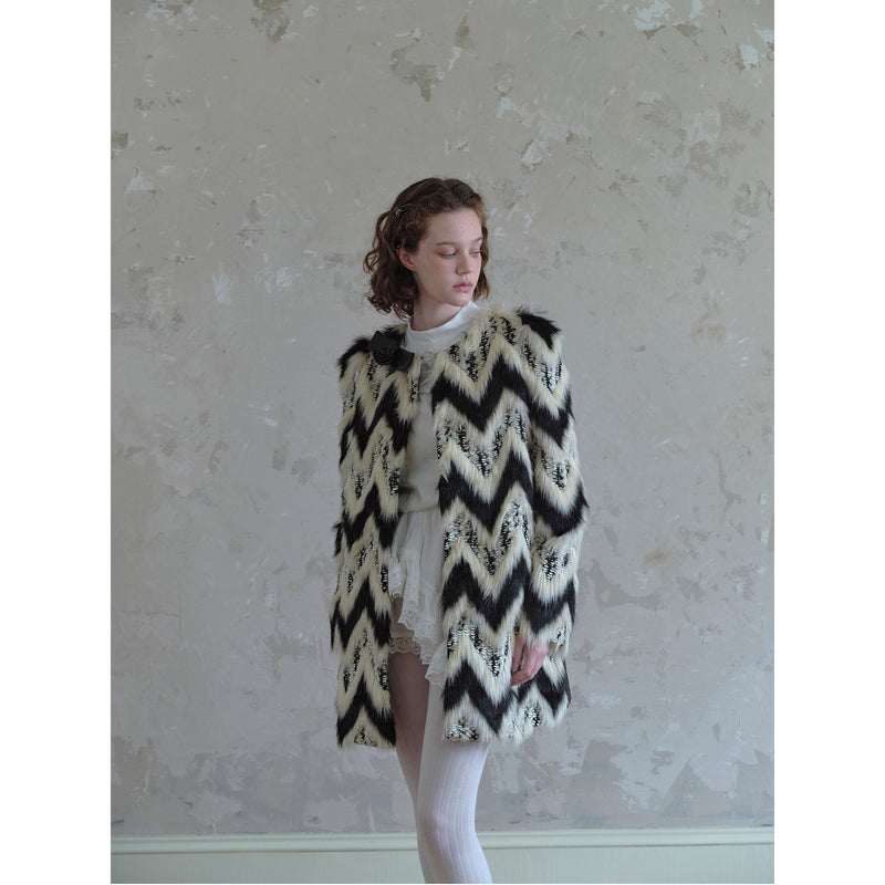 Geometric Pattern and Leather Fur Coat