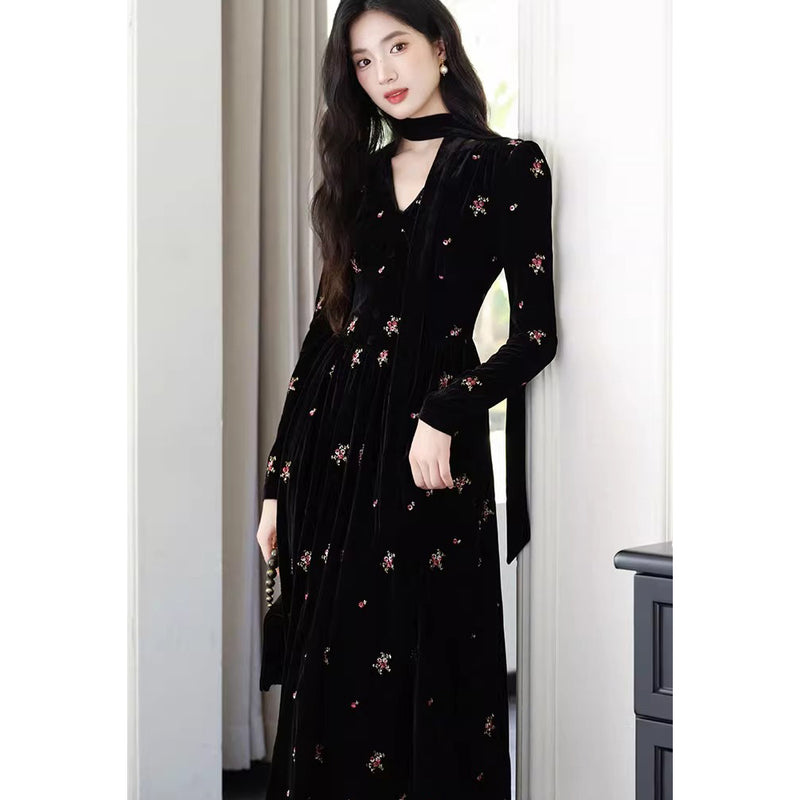 Black Floral Embroidered Velvet Dress