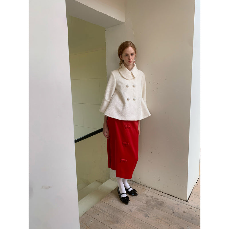 White Wool Coat and Ribbon Skirt