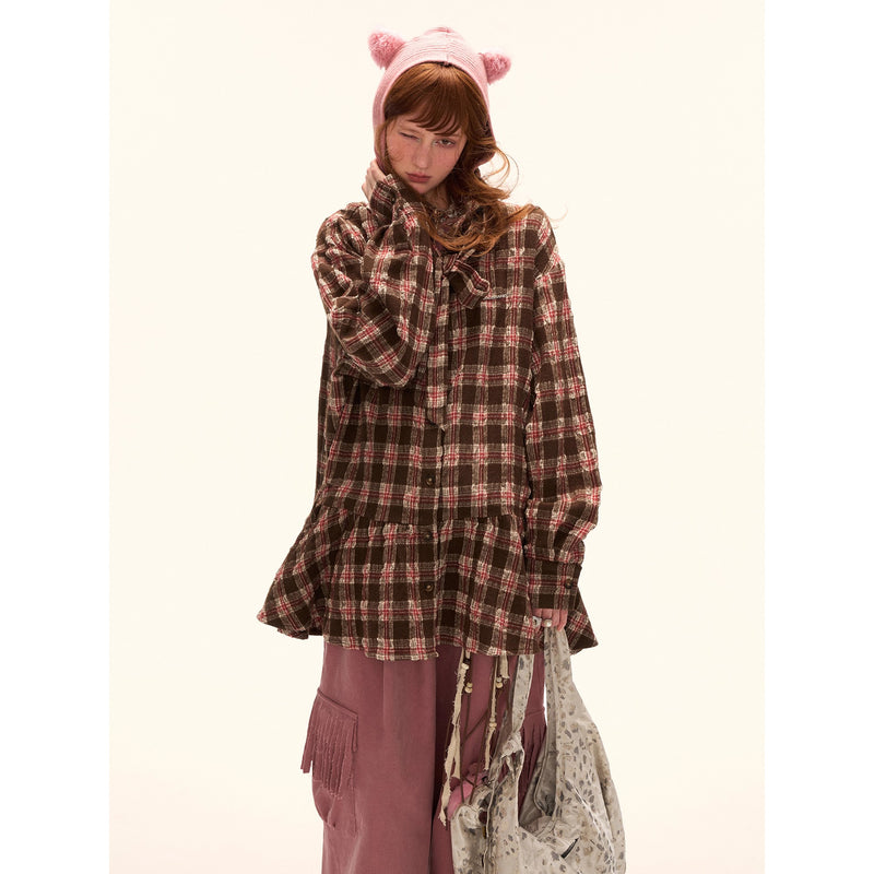 Vintage Brown Checkered Shirt Dress