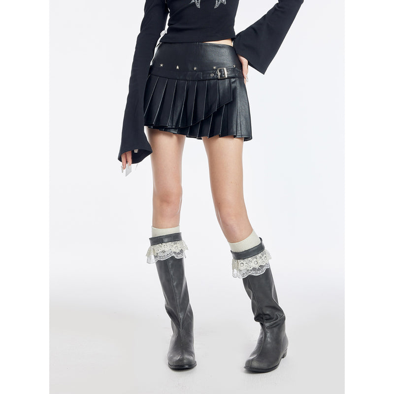 Black Leather Pleated Short Skirt