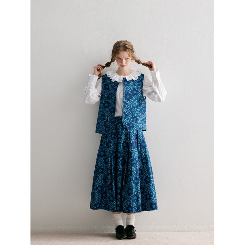 Blue Floral Patterned Vest and Skirt