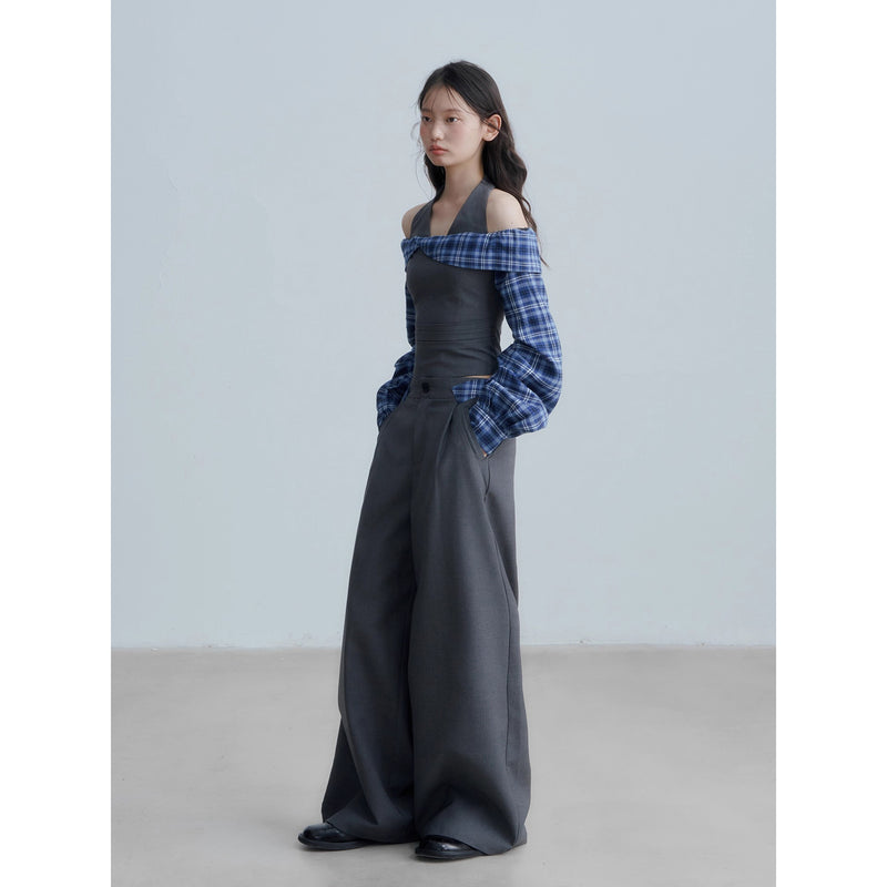 Checkered Off-the-shoulder Blouse and Grey Wide Pants