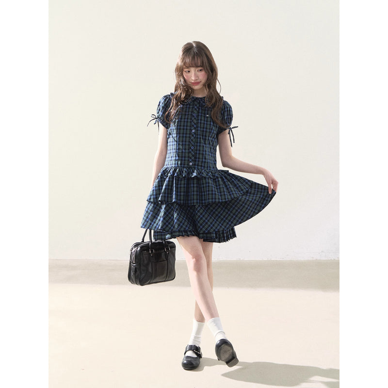 Blue and Green Checkered Tiered Dress