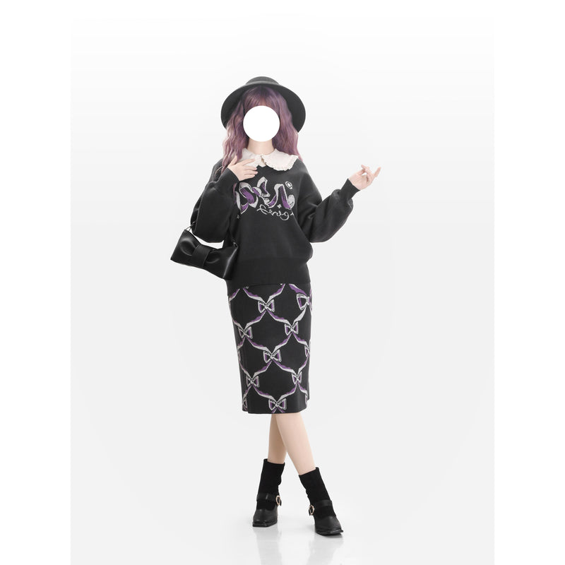 Black and Purple Sweater and Skirt with a Ribbon Pattern[2025年2月下旬-3月中旬発送予定]