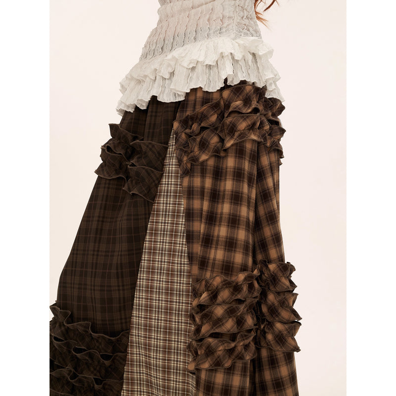 Brown Check Layered Long Skirt