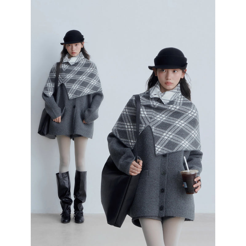 Checkered Cape and Grey Knit Cardigan