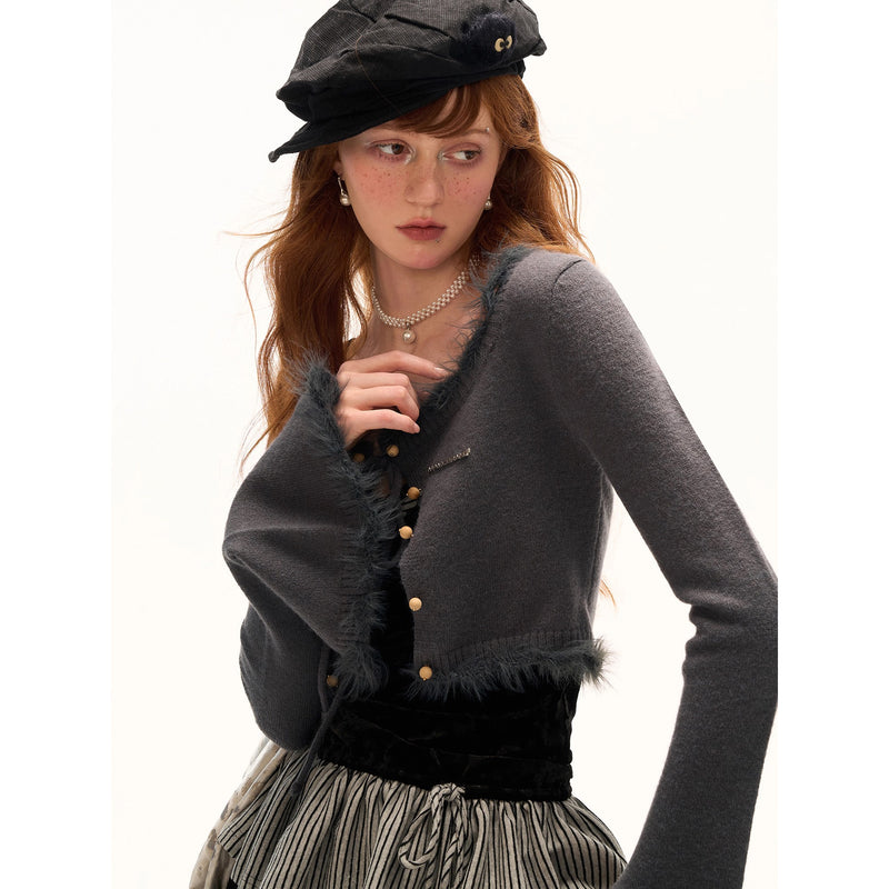 Charcoal Gray Feather Fringe Short Cardigan
