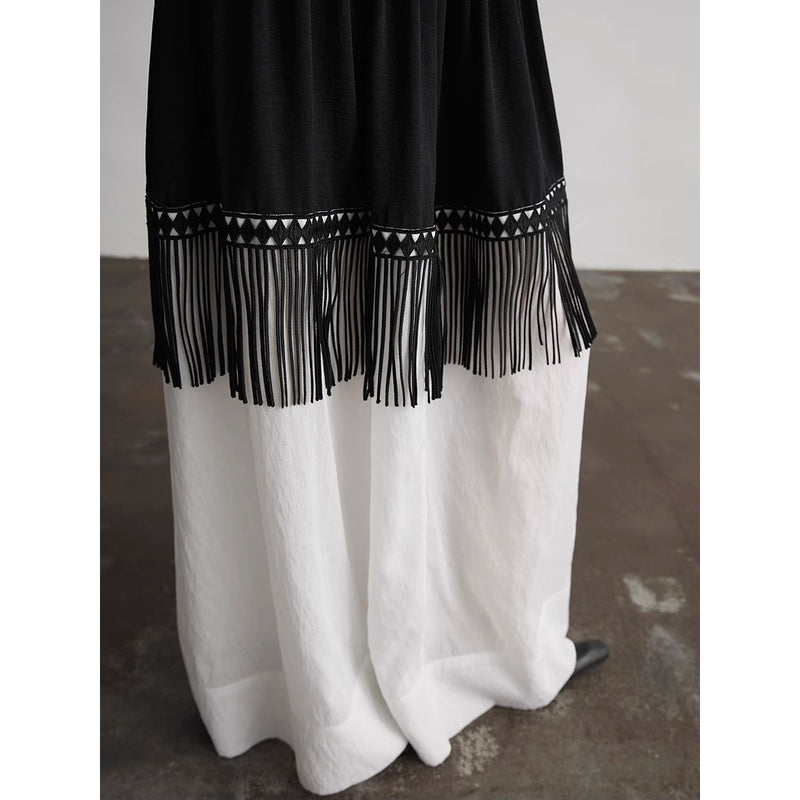 Black and White Fringe Long Skirt