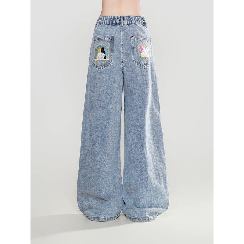 Cat's Daily Life Embroidered Denim Pants – ManusMachina