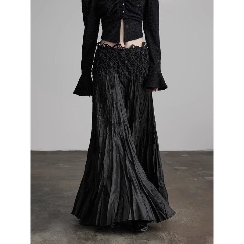Black Embroidered Pleated Long Skirt