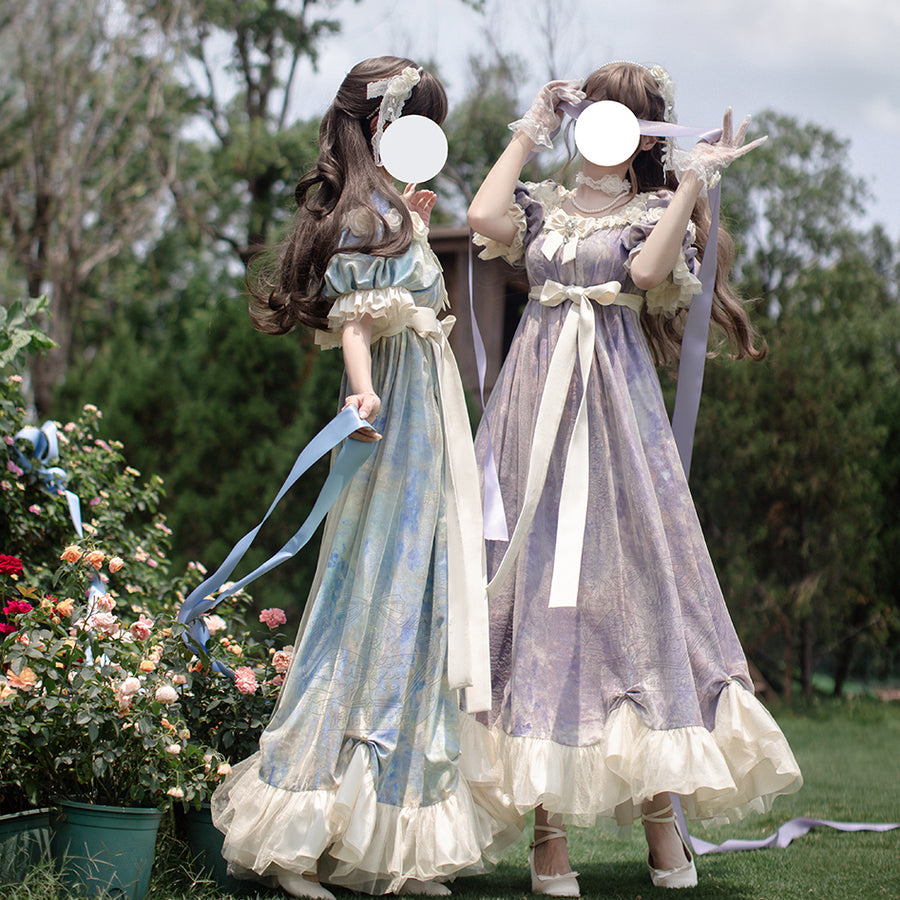 睡蓮の池の油彩画ヴィクトリアンワンピース ロリータ 睡蓮の池の油彩画ヴィクトリアンワンピース - Light Blue[2025年10月