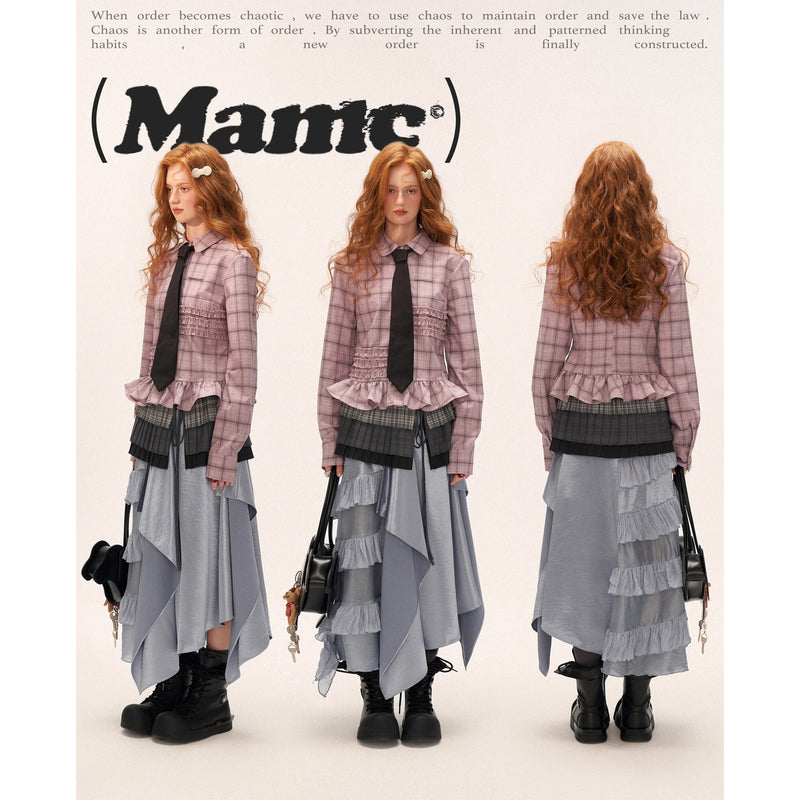 Gray-pink Checkered Ruffle Blouse