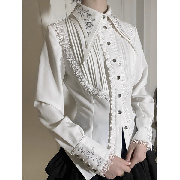 薔薇刺繍の編み上げブラウス - White[2026年3月上旬-3月下旬発送予定]