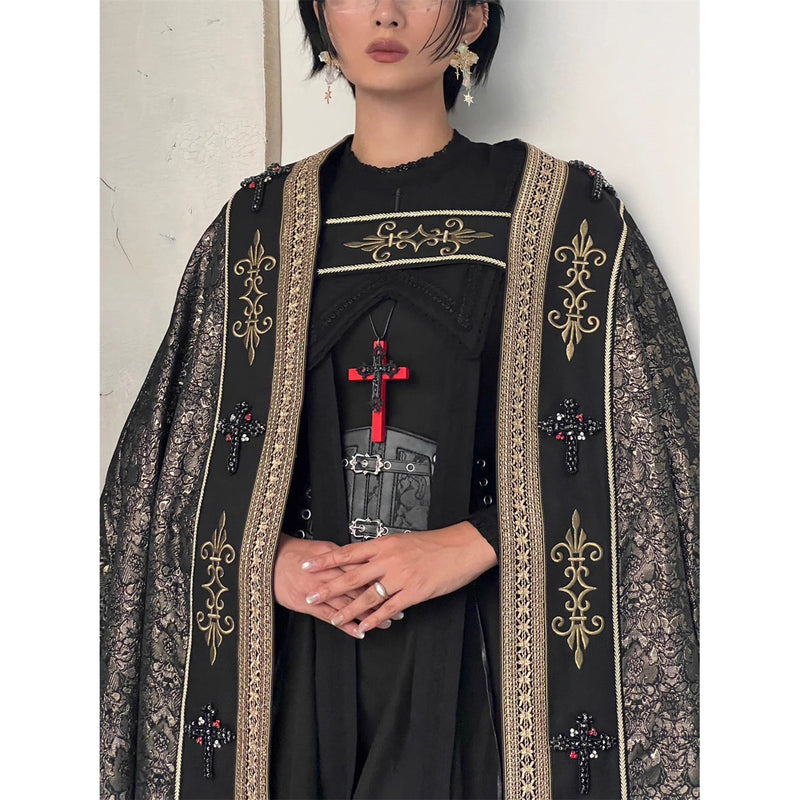 月夜の修道女の刺繍ワンピース - Black（レッグオブマトンスリーブ）[2025年12月上旬-2026年1月上旬発送予定]