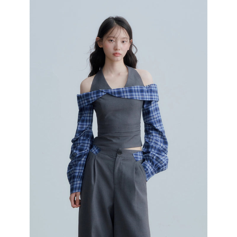 Checkered Off-the-shoulder Blouse and Grey Wide Pants