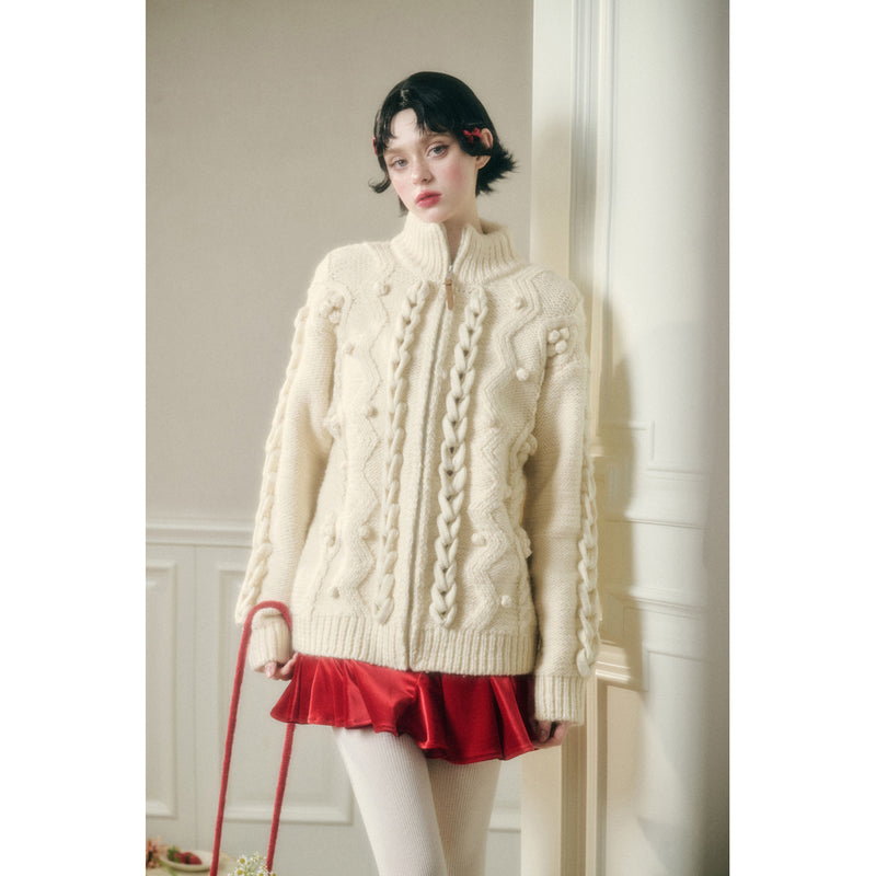 Hand-Knitted Cable Pattern Wool Knit Jacket