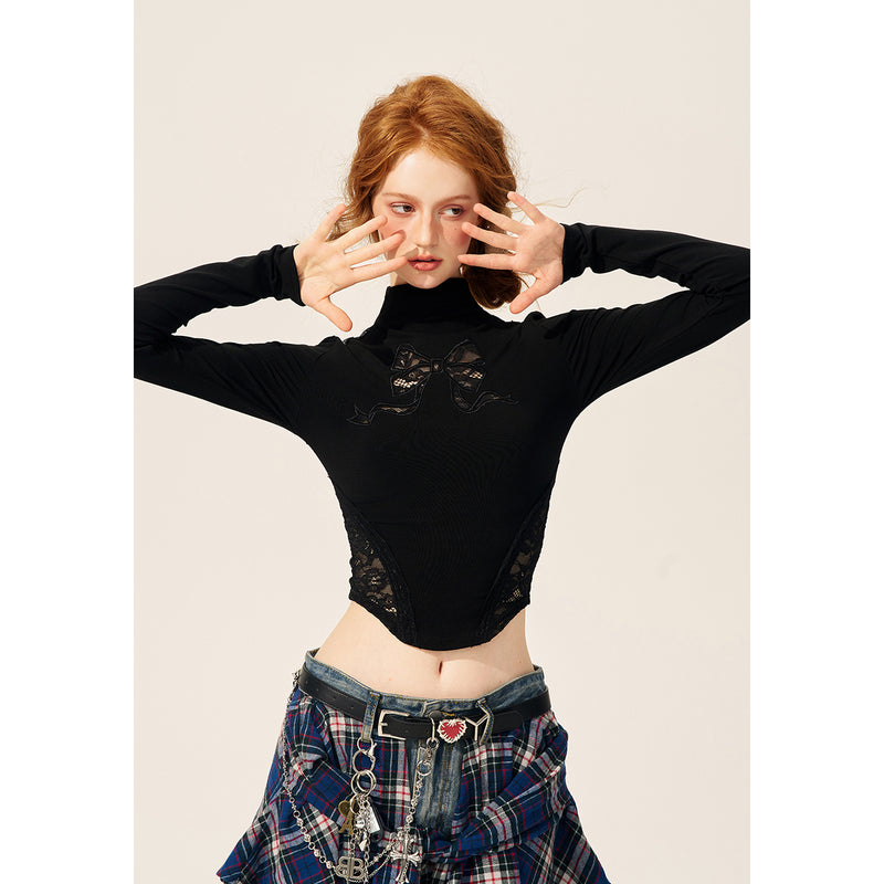 Ribbon Embroidery Slim Turtleneck Short Top