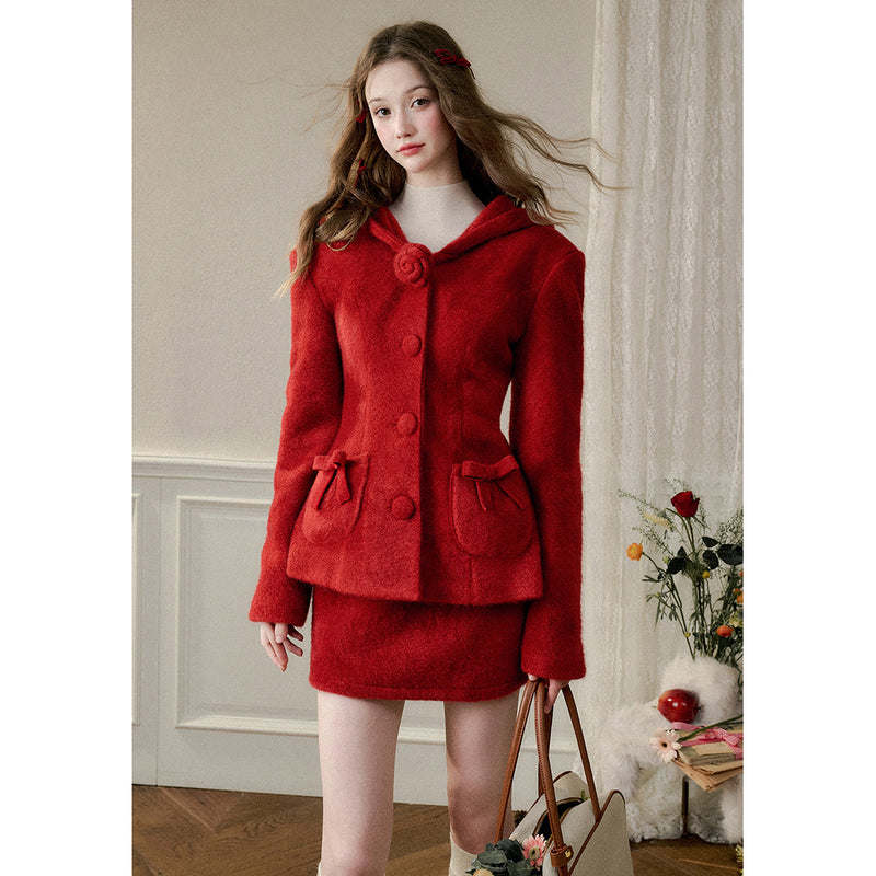 Bright Red Hooded Jacket and Short Skirt