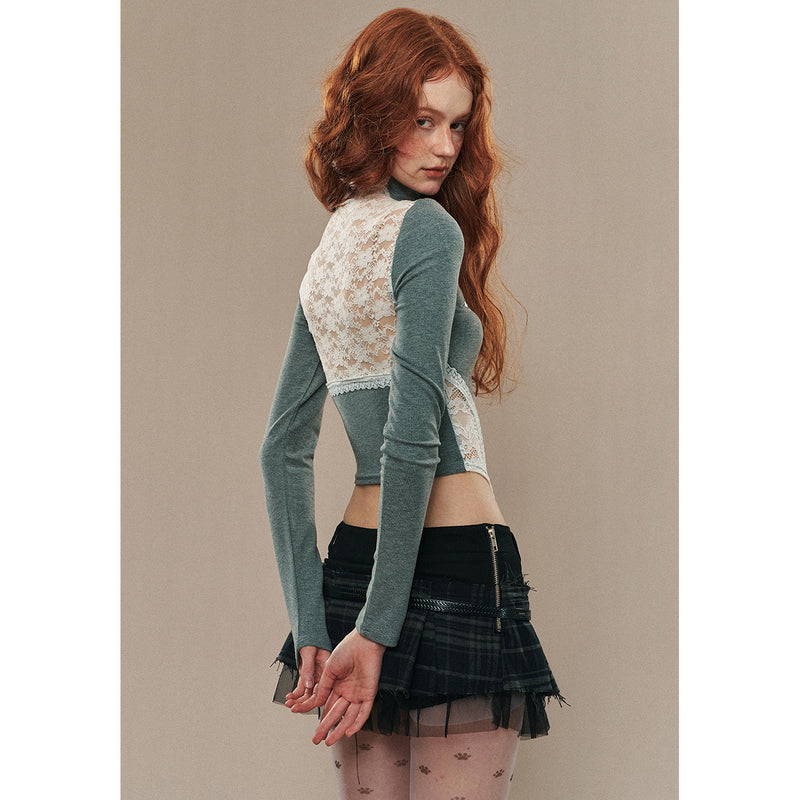 Ribbon Embroidery Slim Turtleneck Short Top