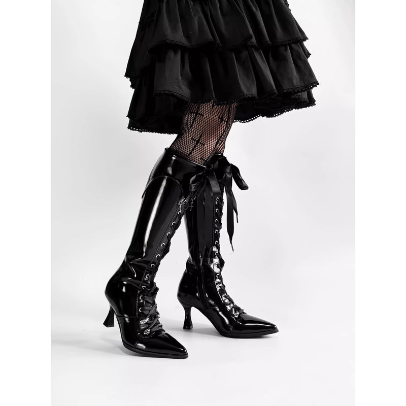 貴族令嬢の編み上げゴシックロングブーツ - Black[2026年3月上旬-3月下旬発送予定]