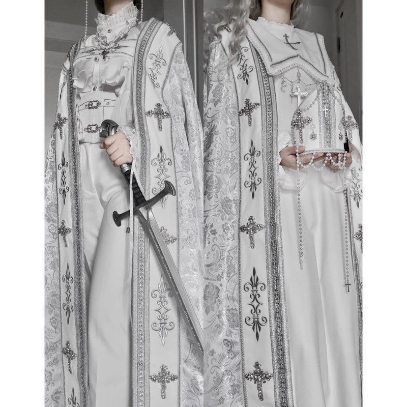 月夜の修道女の刺繍ロングマント - White Silver[2025年12月上旬-2026年1月上旬発送予定]
