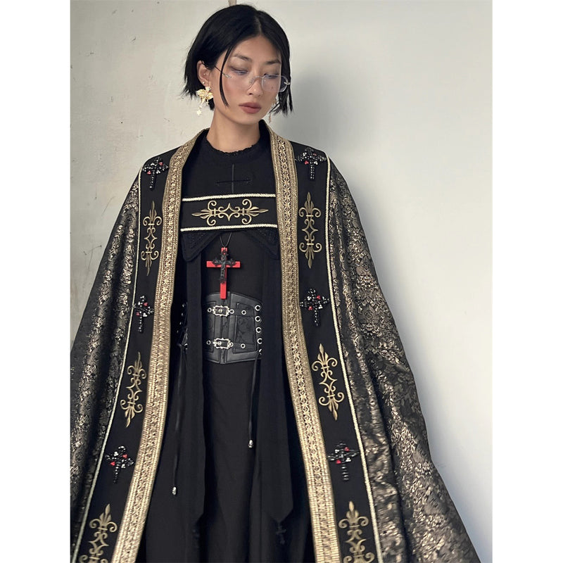 月夜の修道女の刺繍ワンピース - Black（レッグオブマトンスリーブ）[2025年12月上旬-2026年1月上旬発送予定]