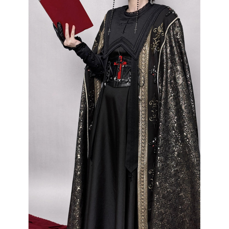 月夜の修道女の刺繍ワンピース - Black（レッグオブマトンスリーブ）[2025年12月上旬-2026年1月上旬発送予定]