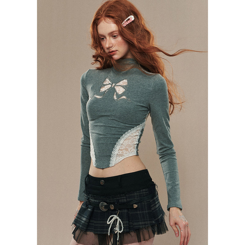 Ribbon Embroidery Slim Turtleneck Short Top