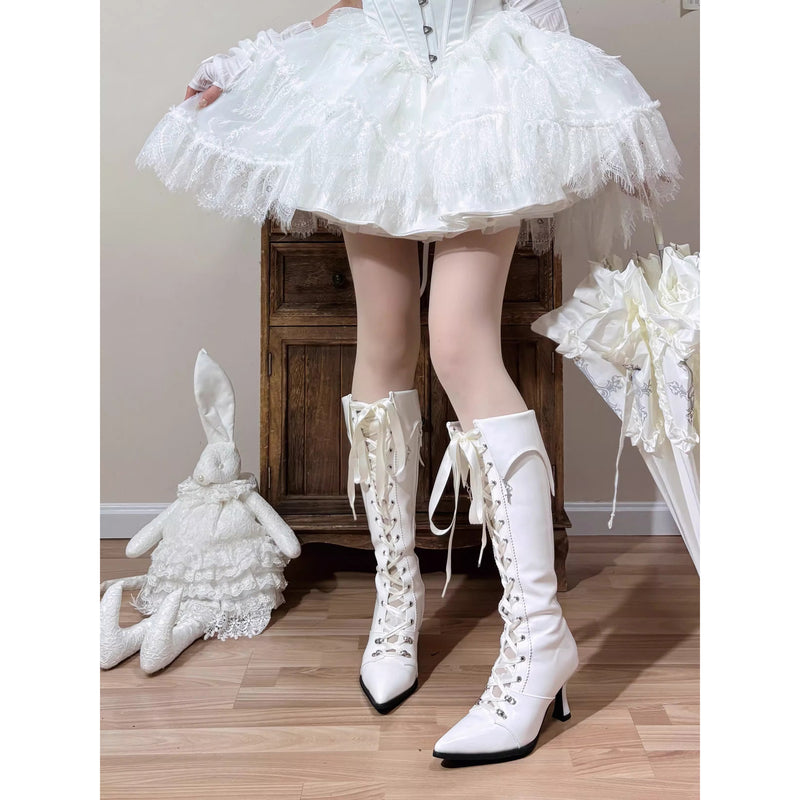 貴族令嬢の編み上げゴシックロングブーツ - White[2026年3月上旬-3月下旬発送予定]
