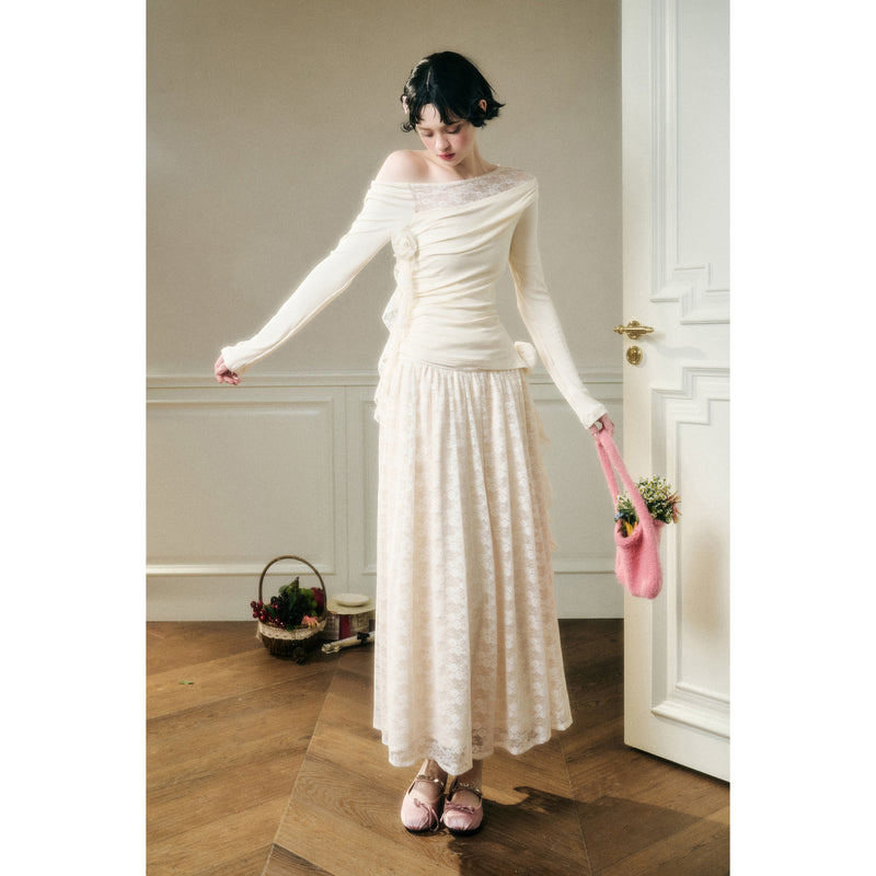 Rose Patterned Lace Top and Long Skirt - Ivory