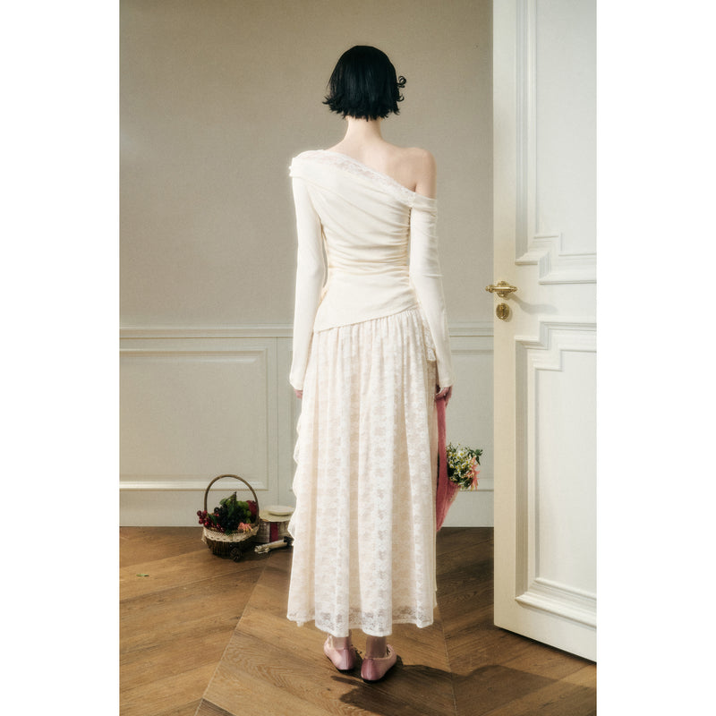 Rose Patterned Lace Top and Long Skirt - Ivory