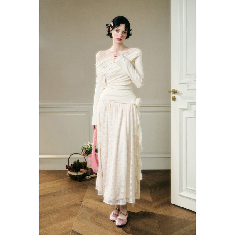 Rose Patterned Lace Top and Long Skirt - Ivory