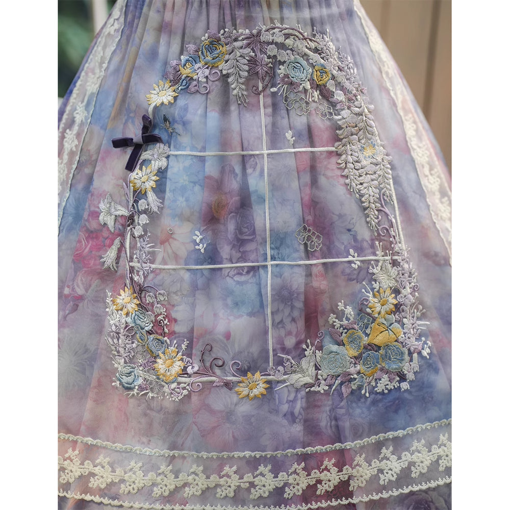 花園の水彩画の刺繍レースエプロン[2025年9月中旬-10月下旬発送