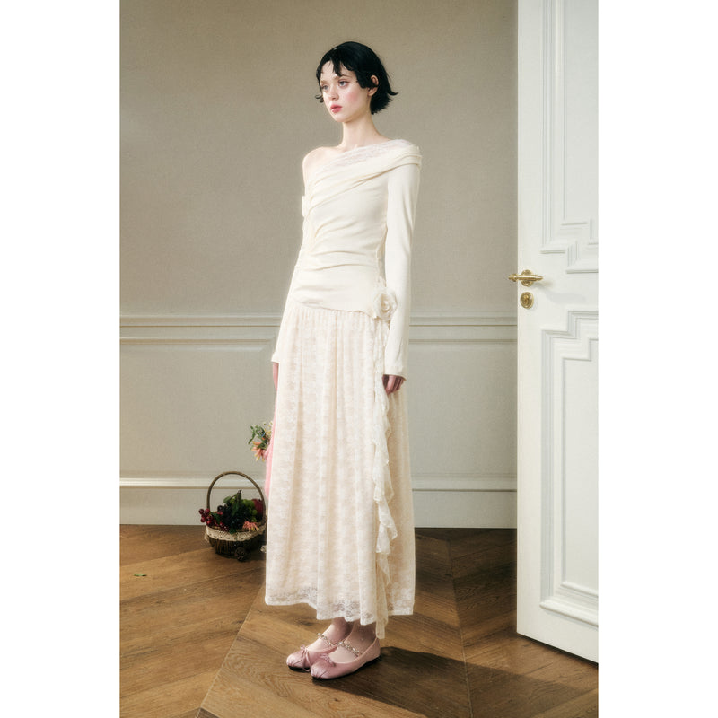 Rose Patterned Lace Top and Long Skirt - Ivory