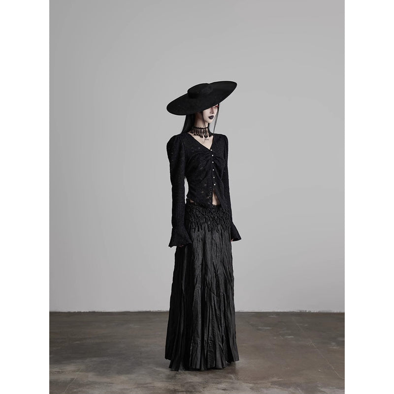 Black Embroidered Pleated Long Skirt