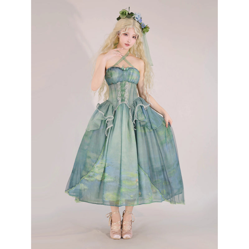 睡蓮の池の油彩画ビスチェとスカート - Ver1