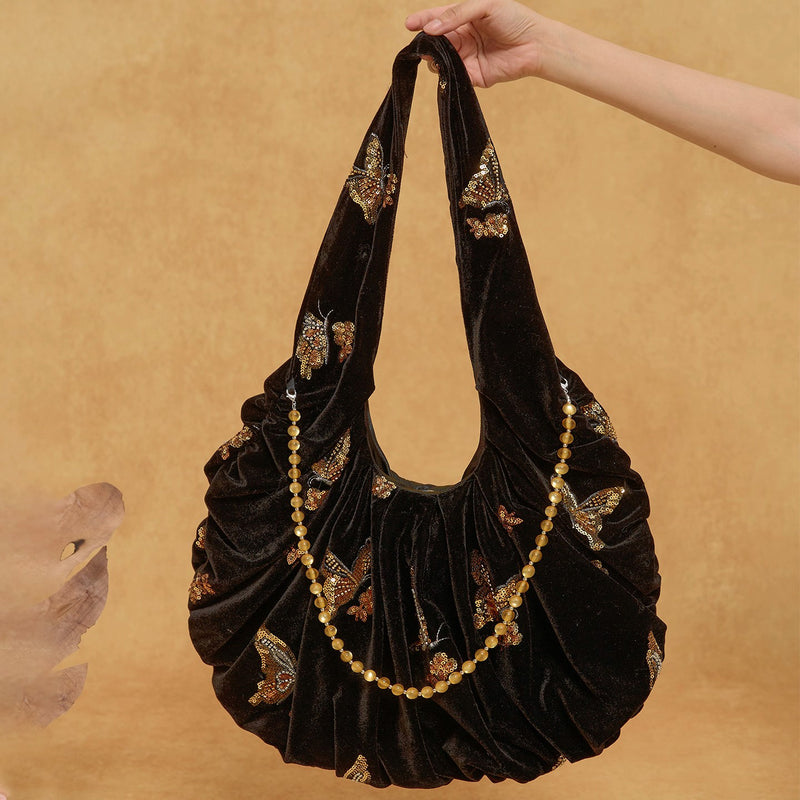 金色の蝶の刺繍ベルベットトートバッグ