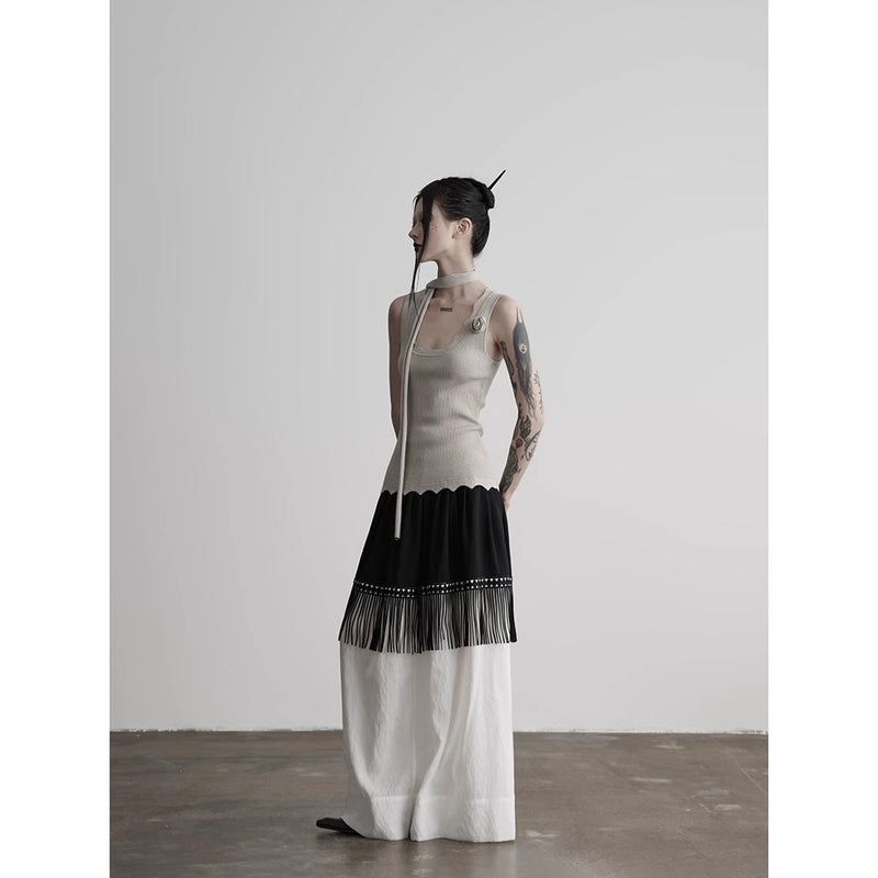 Black and White Fringe Long Skirt
