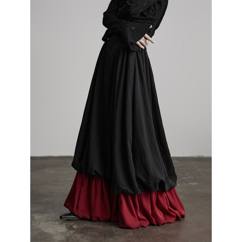 Black and Red Bicolor Layered Long Skirt